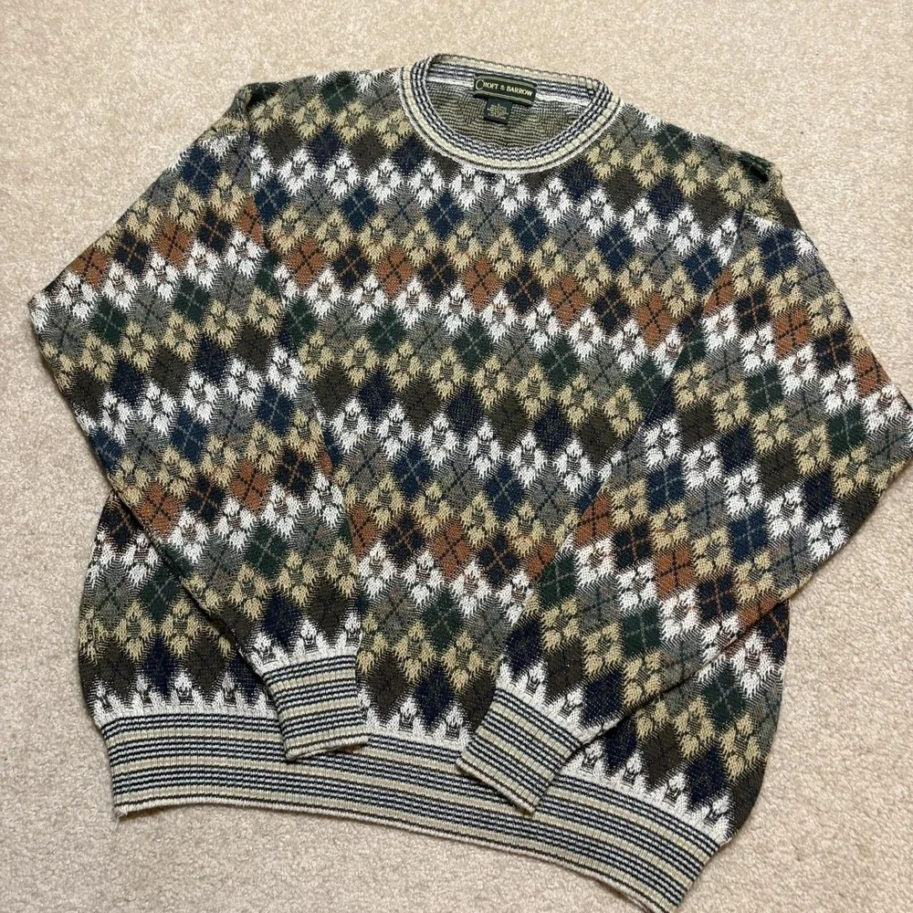 Vtg Croft & Barrow Sweater Men Large Multicolor Argyle Knit Grandpa Crewneck 90s